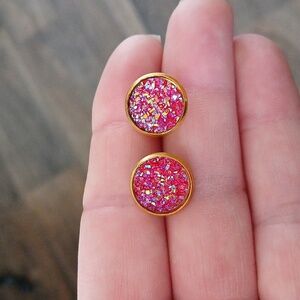 New Titanium Hot Pink Druzy Gold Earrings.